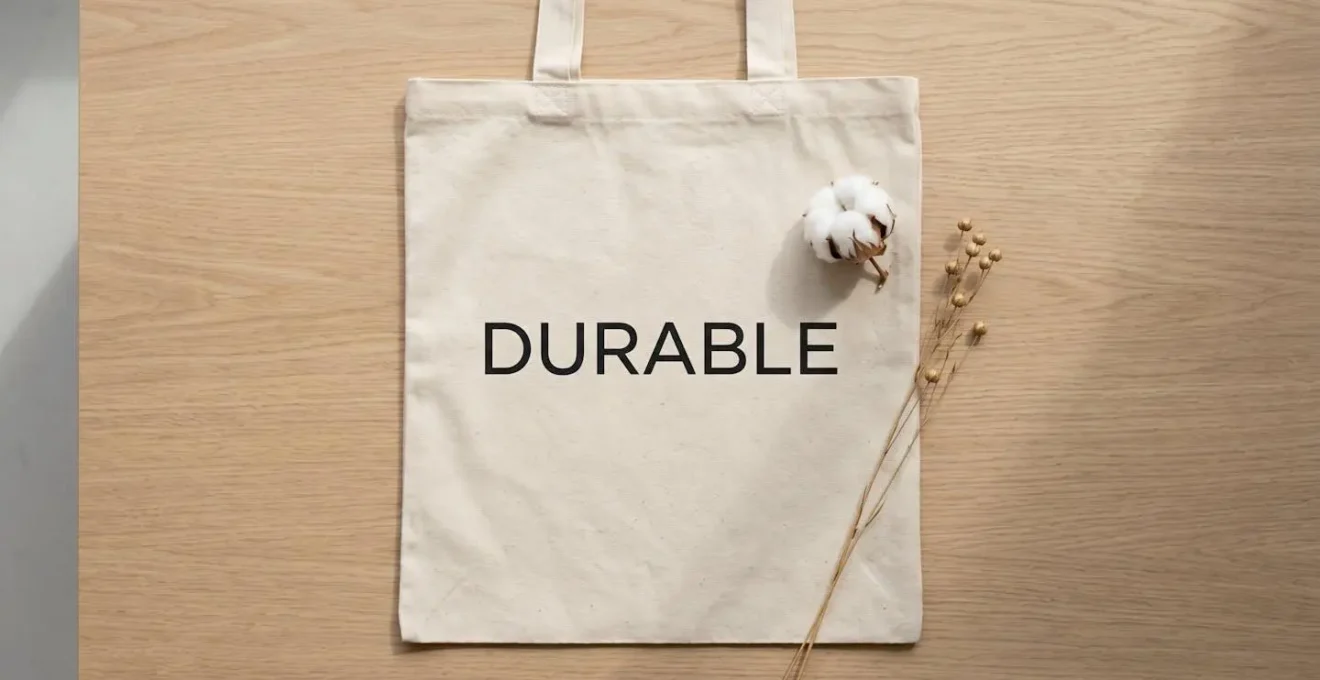 Gros plan en vue de dessus d'un sac en toile écru avec sérigraphie noire posé sur une table en bois clair, accompagné d'une fleur de coton et d'une tige de lin séchée, lumière naturelle douce
