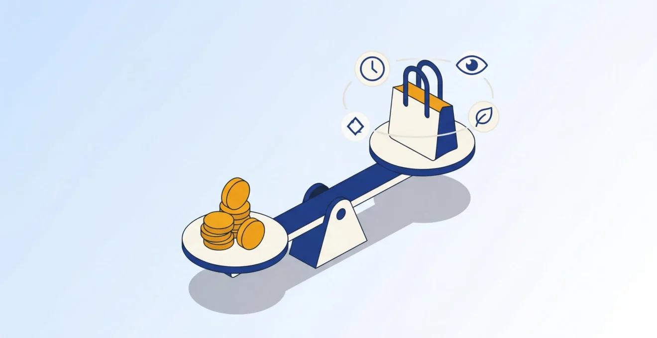 Illustration 3D isométrique d'une balance en équilibre avec des pièces dorées d'un côté et un sac stylisé entouré d'icônes (horloge, œil, feuille) de l'autre, palette bleu profond et or, fond dégradé clair